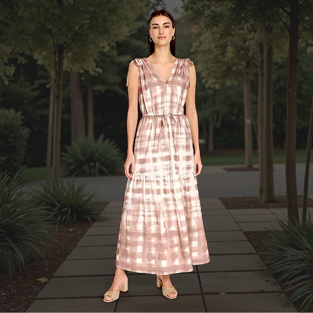 Calvin Klein Women’s Tan White Printed Abstract V-Neck Maxi Dress Sz M